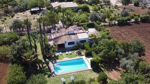 Vista aèria d'una propietat residencial amb piscina, envoltada de vegetació exuberanta i palmeres.