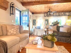 Smart TV, fireplace, books, stereo