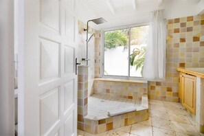 Shower, hair dryer, bidet, towels