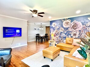 Smart TV, fireplace, books
