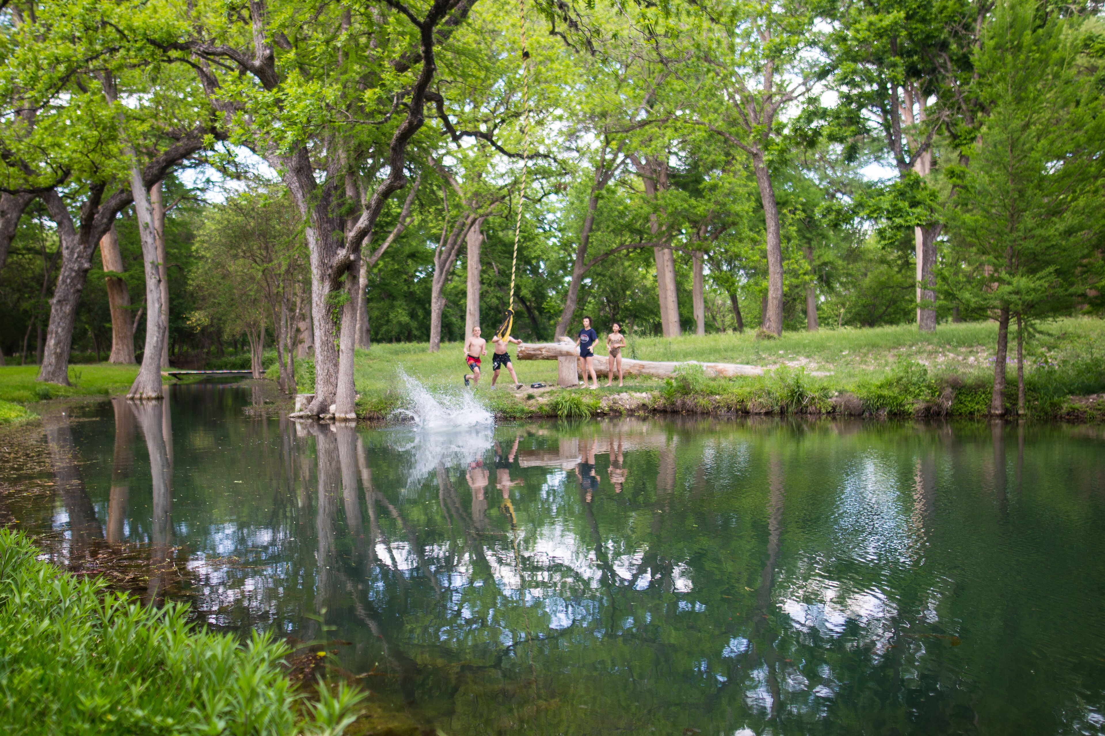 A serene park with a pond, trees, and a group of people near the water.
