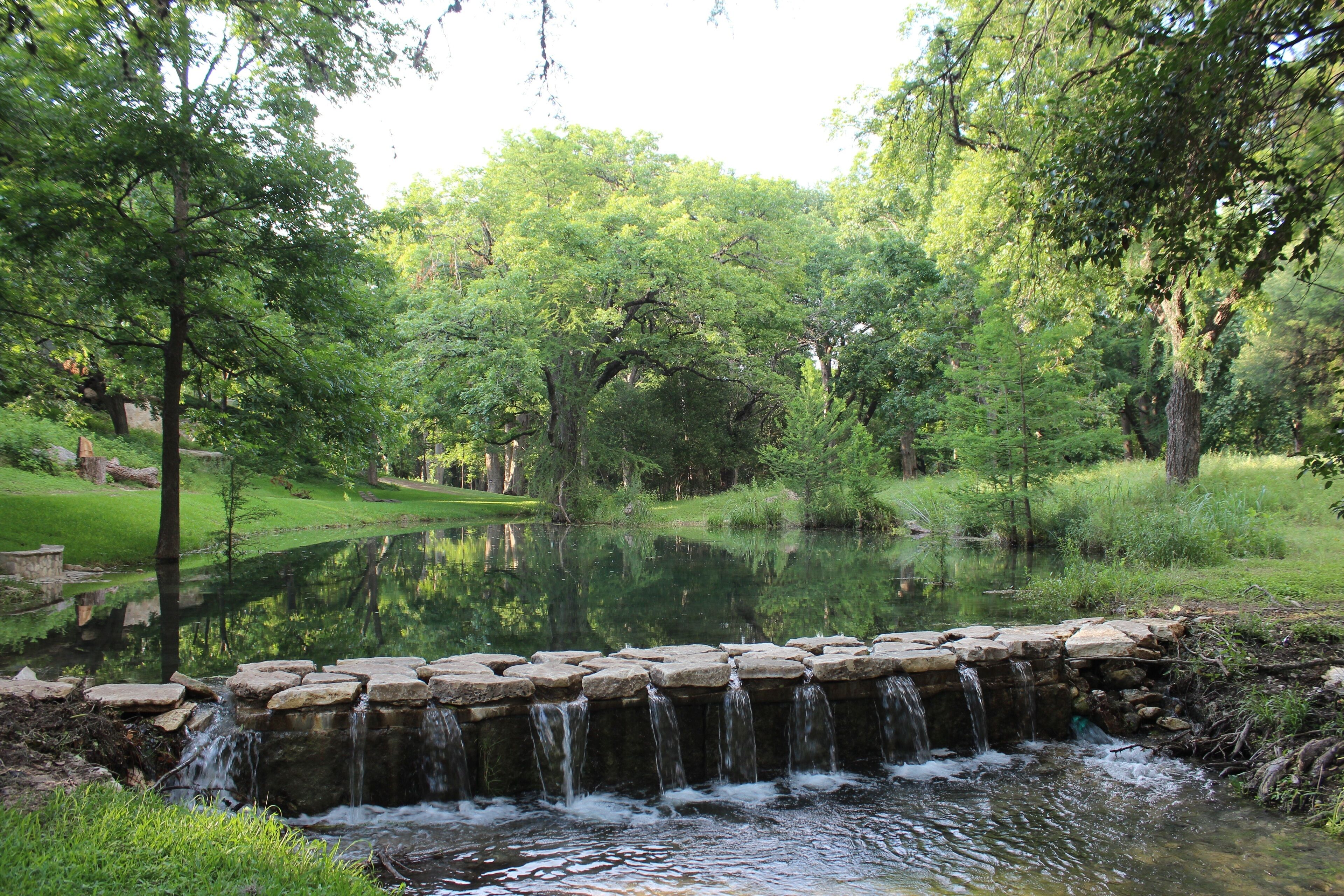 A natural landscape with a pond, trees, and a small waterfall.