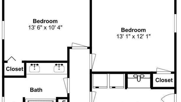 A floor plan with two bedrooms, a bathroom, a kitchen, a dining area, a living room, and a laundry room. - Moon and Stars by Taylor Made Deep Creek (McHenry)