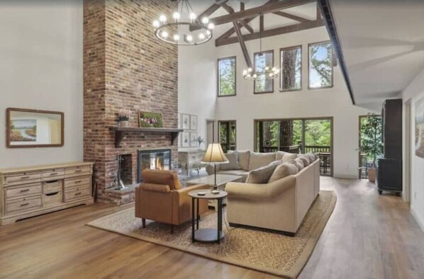 Smart TV, fireplace, books