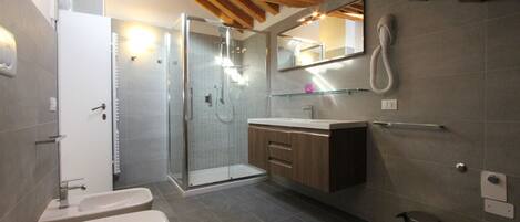 Shower, hair dryer, bidet, towels