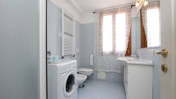 Shower, hair dryer, bidet, towels