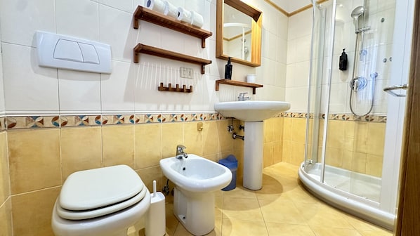 Regadera, secadora de cabello, bidet, toallas
