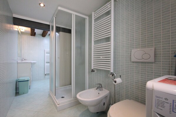 Shower, hair dryer, bidet, towels