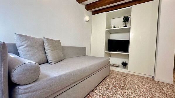 A grey sofa with cushions, a white shelving unit with a flat-screen TV, and a small potted plant.