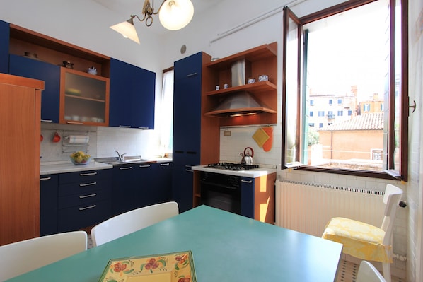 Fridge, oven, coffee/tea maker, electric kettle