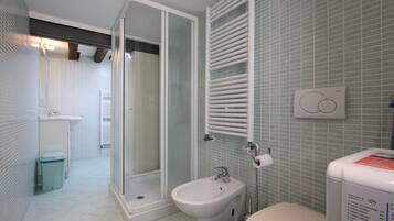Shower, hair dryer, bidet, towels