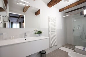 Shower, hair dryer, bidet, towels