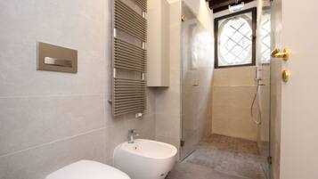 Shower, hair dryer, bidet, towels