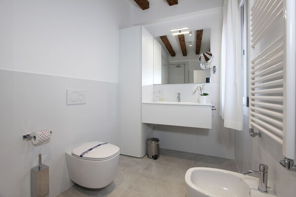 Douche, sèche-cheveux, bidet, serviettes fournies