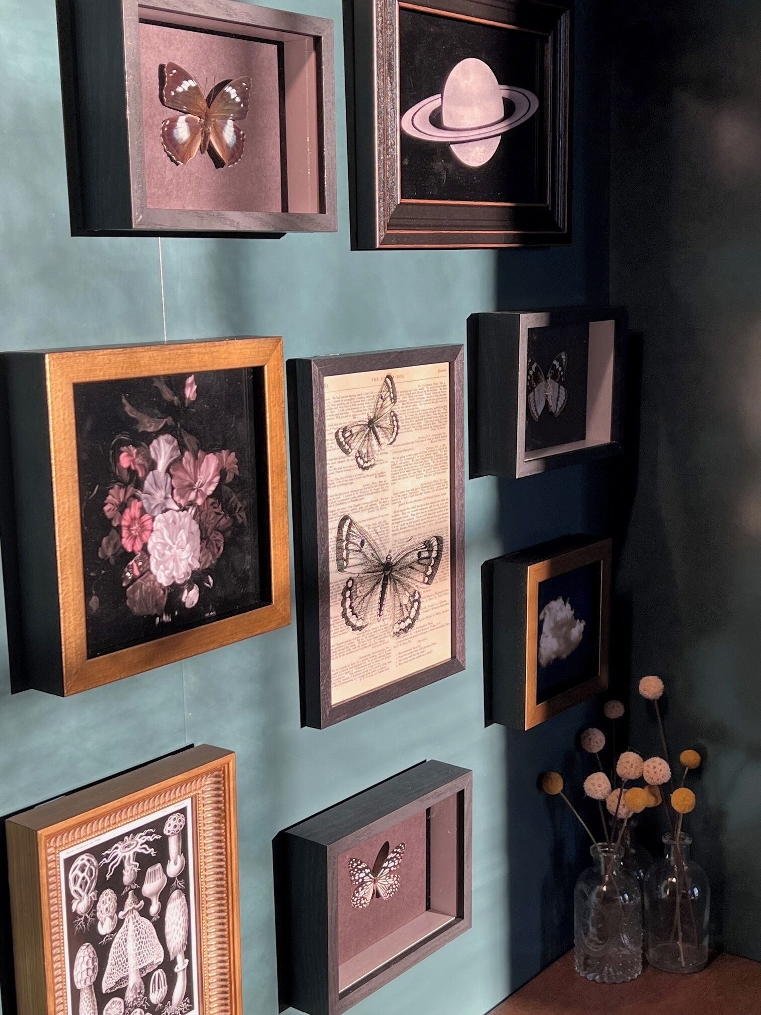 A wall with multiple framed artworks, including butterflies and a Saturn ring.