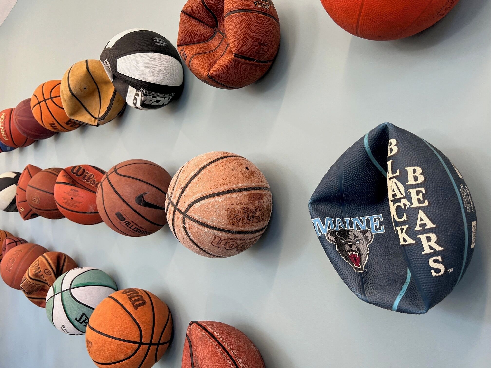 A collection of basketballs and a cap with "MAINE BLACKBIRDS" text.