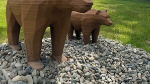 A wooden sculpture of a bear and its cub in front of a brick building with a clear blue sky. - Hotel Ursa (Orono)