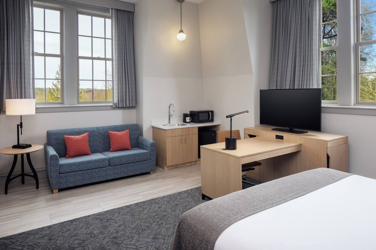 A modern hotel room with a bed, a desk, a television, a sofa, and a view of the outdoors.
