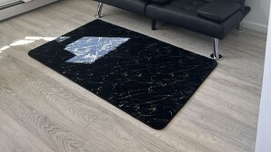 A modern living room with a black sofa, a black and white rug, and a floral painting on the wall.