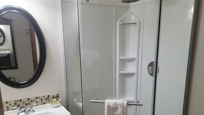 Une salle de bain avec une douche à parois de verre, un lavabo avec un miroir et des toilettes.