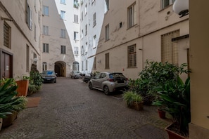 Un carrer empedrat i estret flanquejat per edificis amb nombroses finestres i balcons, cotxes aparcats i plantes en testos.