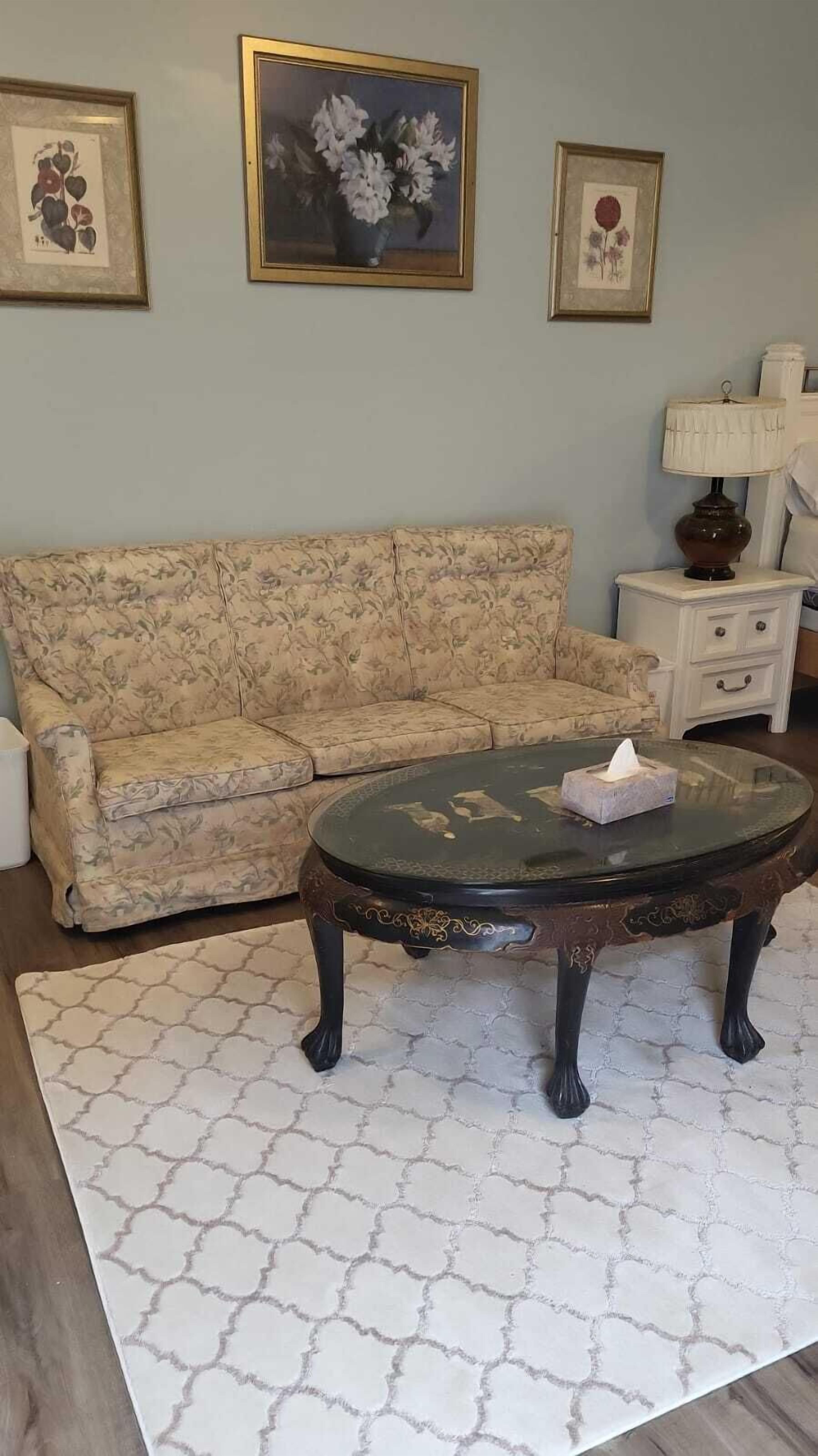 A living room with a floral sofa, a round coffee table with a tissue box, a patterned rug, and framed artwork on the wall.
