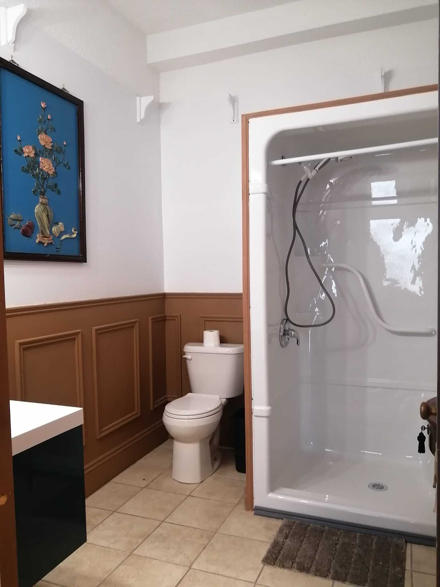 Un baño con inodoro, cabina de ducha y un cuadro en la pared.