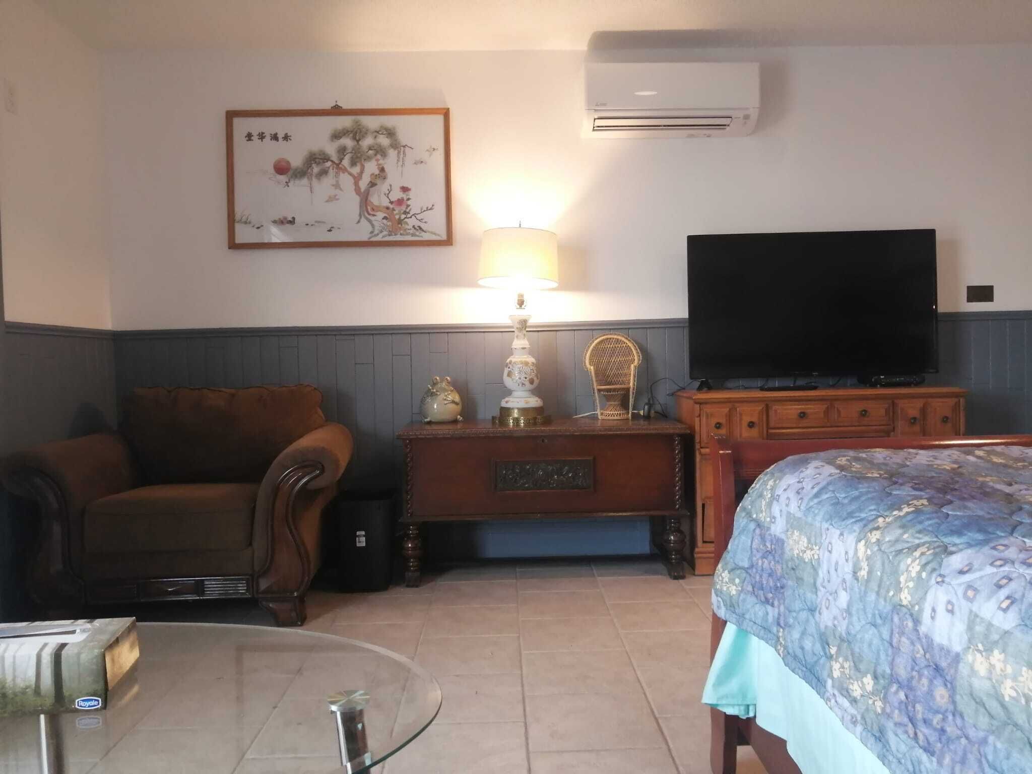 Een hotelkamer met een bank, een televisie, een lamp en een schilderij aan de muur.