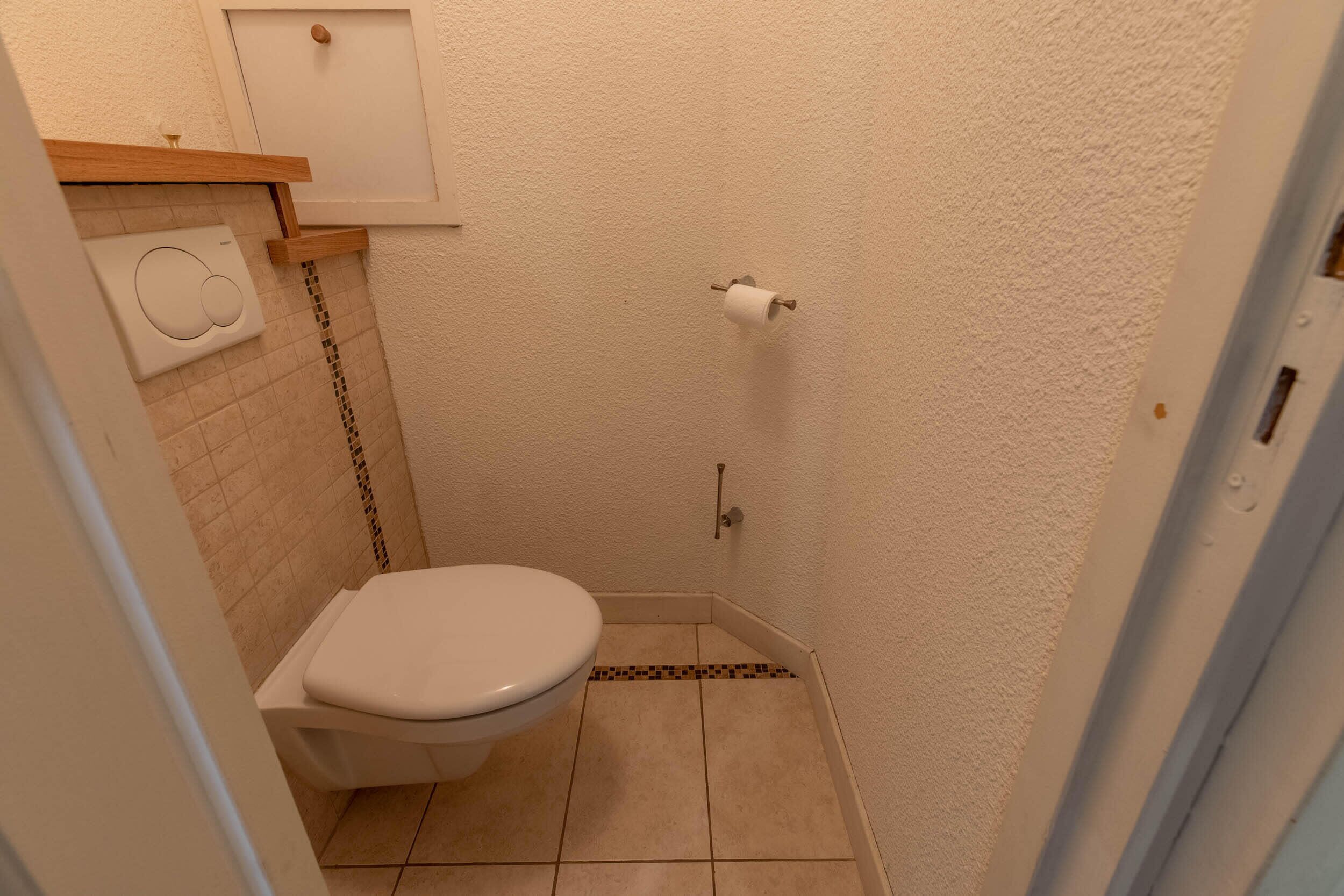 A small, compact bathroom with a toilet, a toilet paper holder, and a shower area.