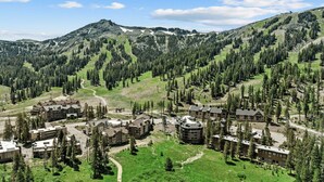 Un chalet de montagne composé de plusieurs bâtiments, entouré de forêts denses et avec une montagne imposante en arrière-plan.