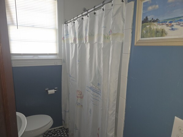 Ein Badezimmer mit Toilette, einer Duschvorhang mit Strandmotiv und einem Strandgemälde an der Wand.