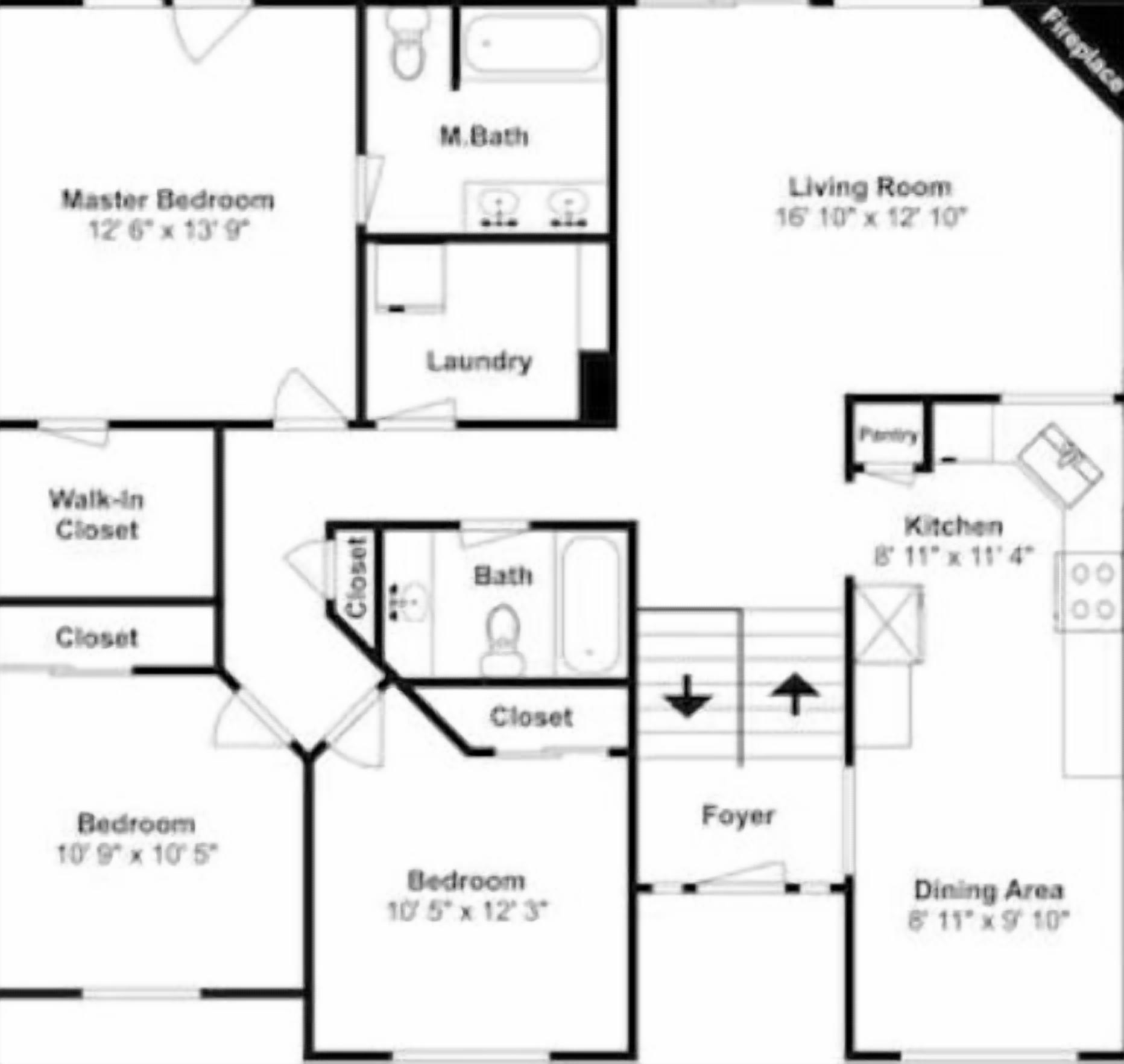 A floor plan with a master bedroom, living room, kitchen, dining area, and two additional bedrooms.