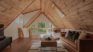 Smart TV, fireplace, books, stereo