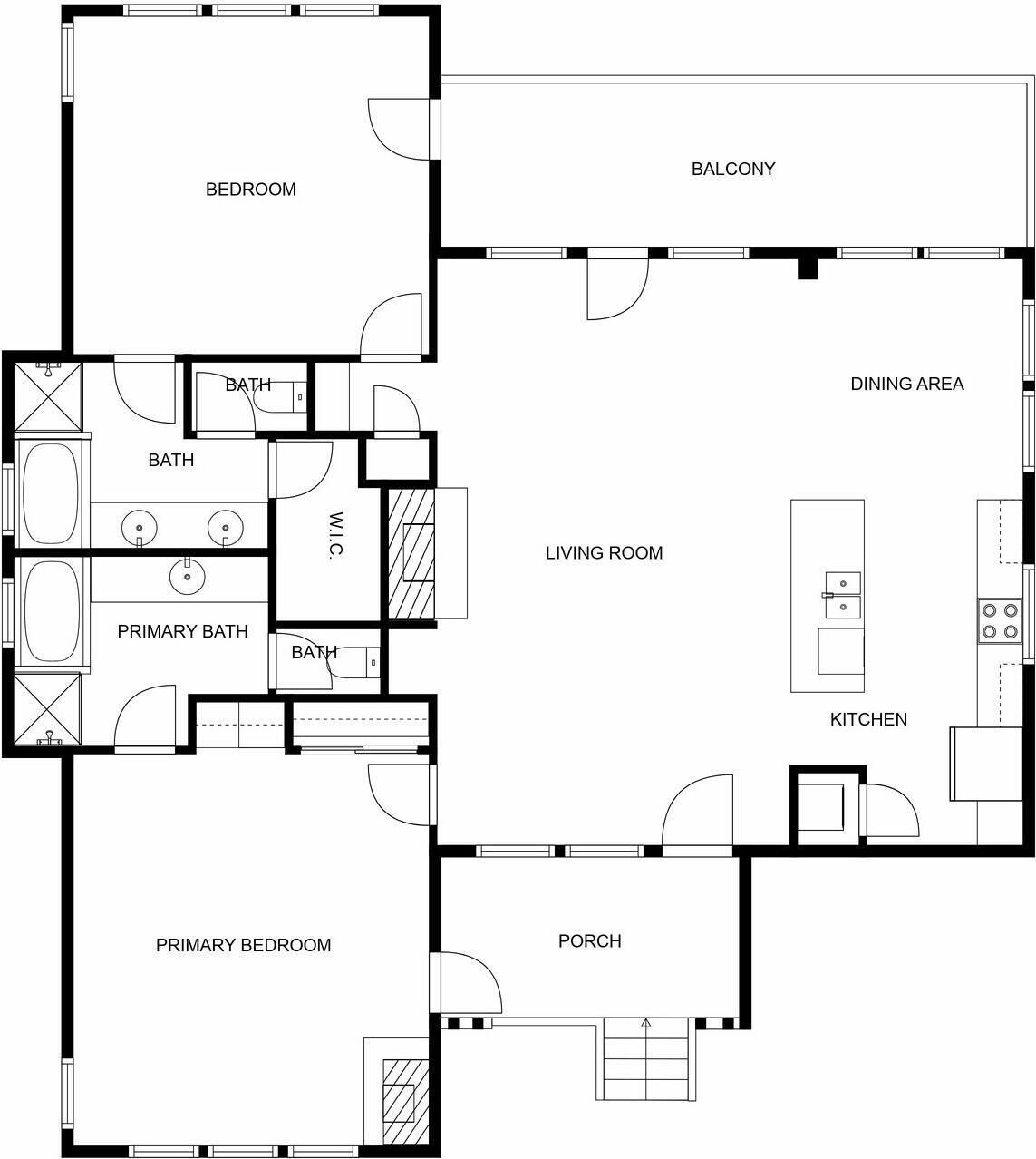 A floor plan with a bedroom, balcony, dining area, kitchen, living room, primary bedroom, primary bathroom, and a porch.