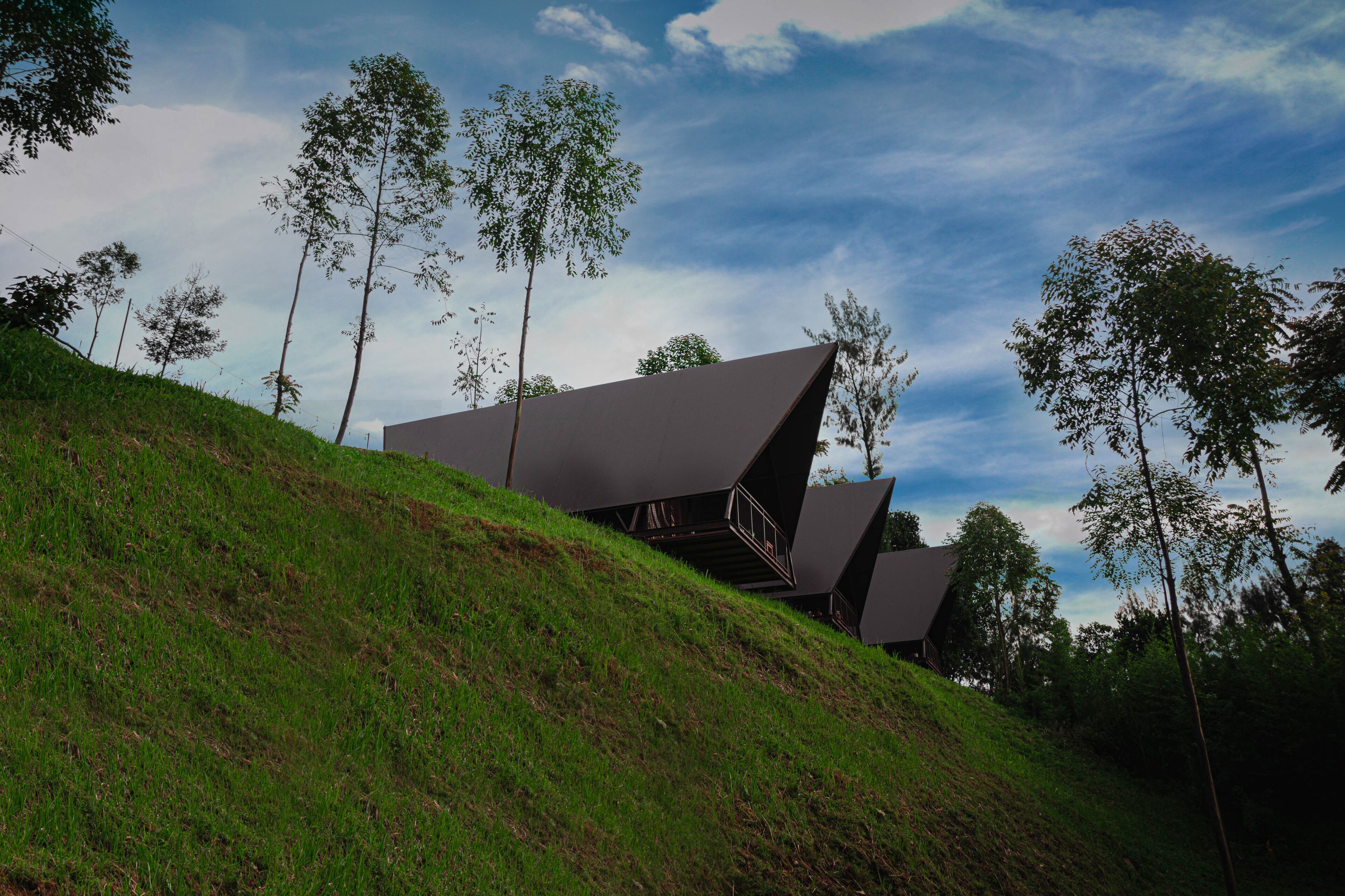 A modern building with a sloped roof, surrounded by a grassy hill and trees.