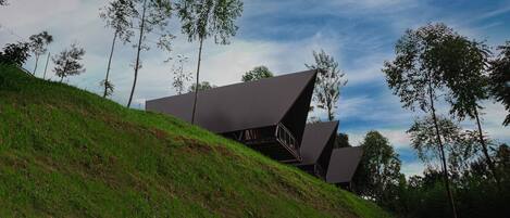A modern building with a sloped roof, surrounded by a grassy hill and trees.