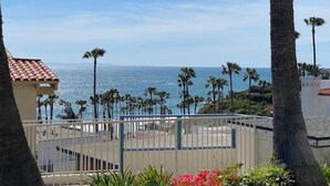 A coastal view with a clear sky, palm trees, and a building with a red-tiled roof. - Walking distance to Beach! (San Clemente)