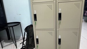 Een rij beige kleedhokjes genummerd van 3 tot en met 8, met sleutels aan de deuren, en een zwarte stoel aan de linkerkant.