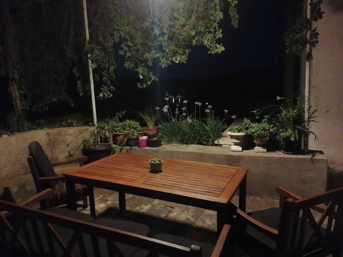 An outdoor patio with a wooden table and chairs, surrounded by potted plants and a concrete wall.