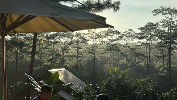 An outdoor seating area with a table and chairs, surrounded by a netted enclosure, overlooking a forested landscape.