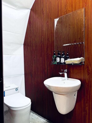 Un baño con inodoro y lavamanos blancos, y un espejo sobre el lavamanos. Hay tres botellas en el estante superior.