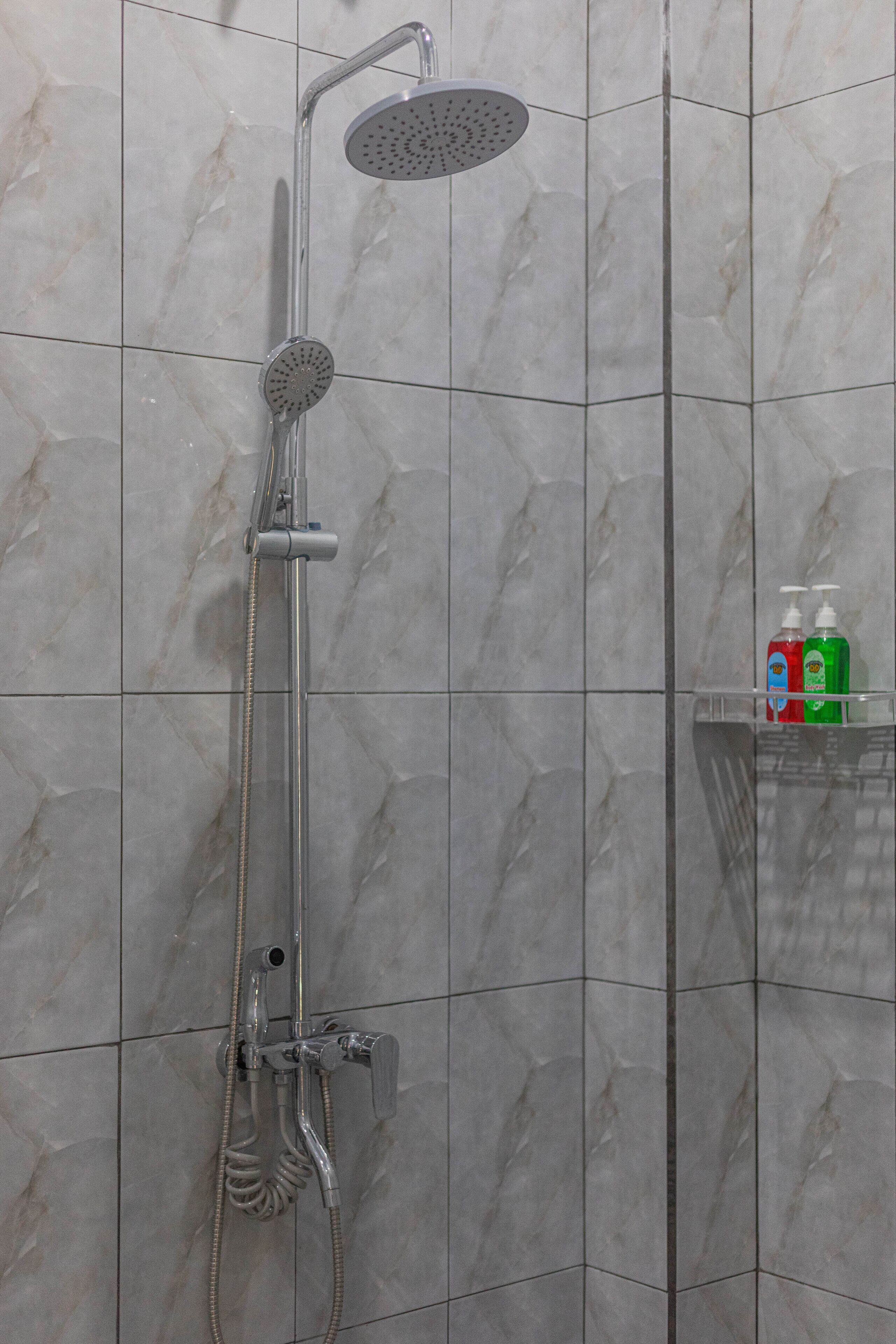 A shower with a handheld showerhead and a fixed showerhead, a handheld shower hose, and a glass shelf with two bottles of shampoo and conditioner.