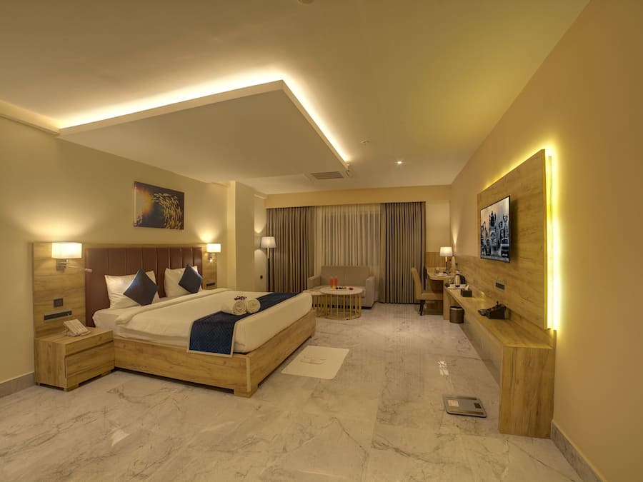 Habitación de hotel con una cama grande, mesitas de noche, escritorio, silla, sofá y televisión.