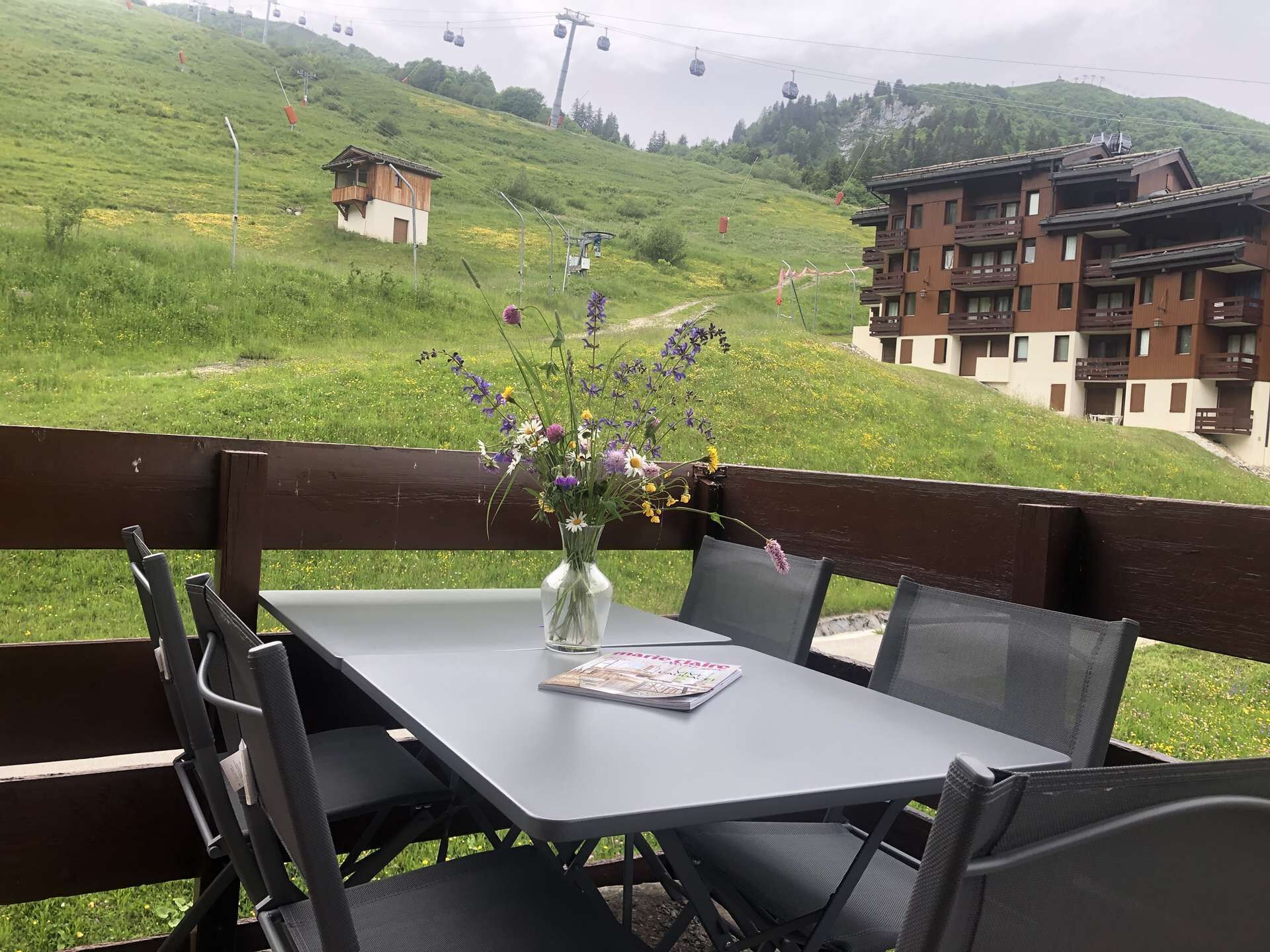 A table with a vase of flowers, a magazine, and a view of a green hillside with buildings and a ski lift.