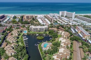 Aerial view of Midnight Cove ii.  A 6 minute walk to reach gated access. - Dock Views, Near Beach, Heated Pool, Private Beach (Sarasota)
