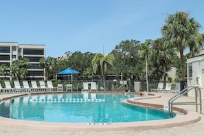 A swimming pool with clear blue water, surrounded by lounge chairs and palm trees. - Dock Views, Near Beach, Heated Pool, Private Beach (Sarasota)