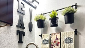 Una cocina con un lavamanos de acero inoxidable, encimeras negras y plantas colgantes.