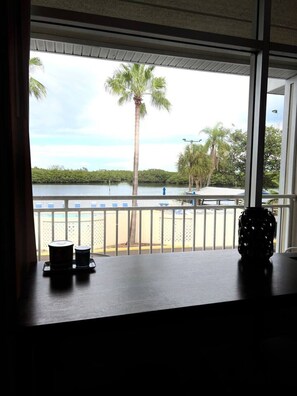 A view from a window overlooking a beach with palm trees and a fence.