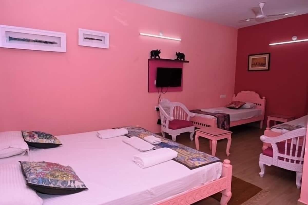 A pink-themed room with two beds, a TV, and a ceiling fan.