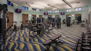 Un'ampia palestra con diverse attrezzature per l'esercizio fisico, ampie finestre e un tappeto a motivi.